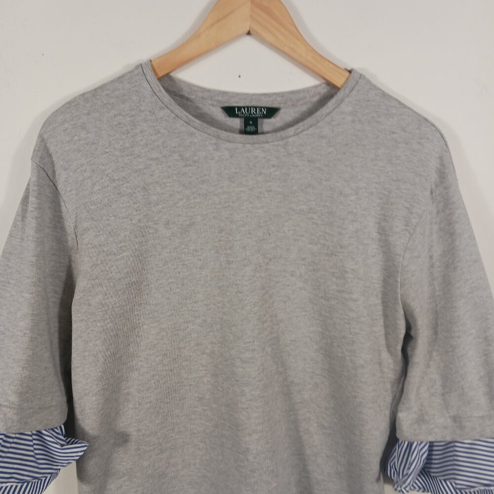 Lauren Ralph Lauren S Casual Gray Top 3/4 Sleeve W/ Navy/White Pinstripe Ruffle - Picture 8 of 15